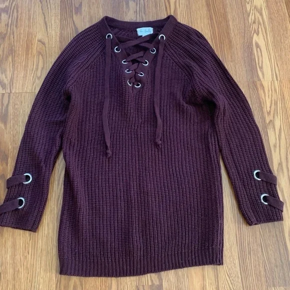 URBAN HERITAGE burgundy Lace Up Knit Sweater S - Picture 1 of 13